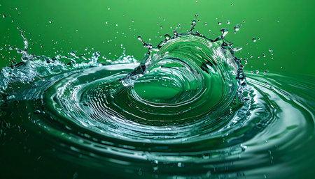 A single drop impacts a still green surface, erupting into a dynamic crown of liquid energy. Concentric ripples expand outward, capturing a moment of powerful, refreshing transformation. This image evokes feelings of vitality, purity, and the beautiful chaos found in nature.の素材