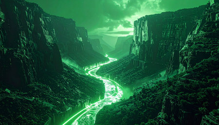 A luminous river of green energy carves its path through a deep, mysterious canyon under a dramatic night sky. This surreal landscape evokes a sense of futuristic technology, the flow of digital data, or an undiscovered alien world, perfect for concepts of innovation, connection, and exploration.の素材