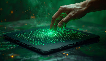 A hand makes contact with a futuristic interface, causing a luminous green fingerprint to materialize. Glowing particles of light and energy emanate from the touch, symbolizing the unlocking of secure data, access to a powerful system, or the casting of a digital spell. This image represents concepts of advanced cybersecurity, biometric authentication, and the intersection of technology and magic.の素材