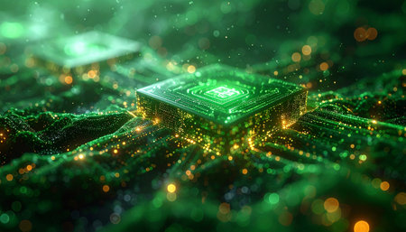 In the heart of a complex digital ecosystem, a powerful quantum processor awakens, its green light pulsing with nascent artificial intelligence. Intricate nanotechnology circuits spread like roots, carrying vast streams of data and powering the dawn of a new technological era.の素材
