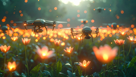 In a serene vision of the future, autonomous AI drones gracefully hover over a magical meadow, tending to a field of bioluminescent flowers. This harmonious scene represents a perfect symbiosis between nature and advanced technology, illustrating concepts of sustainable agriculture and ecological innovation.の素材