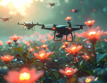 In a not-so-distant future, a swarm of autonomous AI drones works in perfect harmony with nature. They glide silently over a field of bioluminescent flowers at twilight, performing the delicate task of pollination, ensuring the survival of this magical ecosystem. This scene represents the pinnacle of technological and ecological synergy.の素材