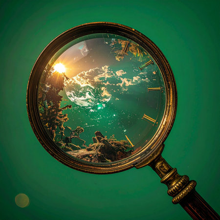 A vintage magnifying glass offers a portal to another dimension. Through its lens, a vibrant underwater world teeming with coral and fish is revealed, bathed in golden sunlight. A faint clock face overlays the scene, suggesting a glimpse into the oceans past, a secret world where time flows differently, inviting exploration and wonder.の素材