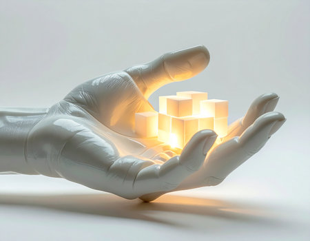 An artificial hand gently cradles a cluster of luminous cubes, representing the core of a new idea or the foundational building blocks of future technology. The warm glow suggests immense power and potential, a powerful metaphor for innovation, digital transformation, and creation.の素材