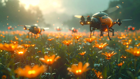 In a serene dawn of the future, a swarm of autonomous AI drones, resembling metallic insects, diligently tends to a field of bioluminescent flowers. This harmonious scene represents a perfect symbiosis between nature and advanced technology, showcasing a sustainable and automated approach to future agriculture.の素材