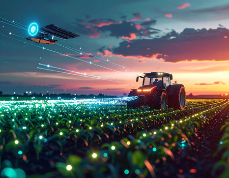 As the sun sets on a vibrant horizon, the future of agriculture unfolds. An autonomous tractor, guided by an AI-powered drone, works seamlessly through a field of glowing crops. This vision of smart farming showcases the power of data, technology, and automation to create a more efficient and sustainable food supply for tomorrow.の素材