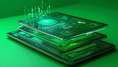 Layers of glowing green data unfold on a stack of futuristic transparent displays, visualizing complex analytics and business intelligence. This image represents the cutting edge of financial technology, innovation, and digital transformation in a data-driven world.の素材