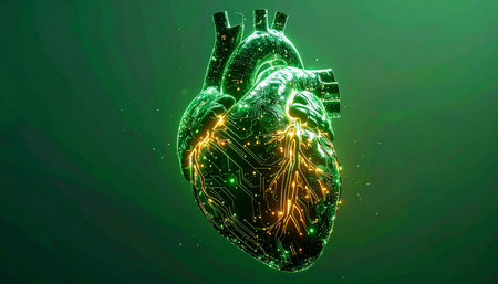 A 3D rendering of a bionic heart, where intricate glowing circuits pulse with golden light, symbolizing the fusion of human biology and artificial intelligence. This conceptual image represents a breakthrough in medical technology, the future of cardiology, and the dawn of a new era in digital healthcare.の素材