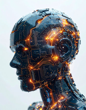 A glimpse into the future where artificial intelligence takes form. This advanced androids head, a complex web of glowing circuits and processors, visualizes the birth of a new consciousness, processing vast amounts of data in a silent, powerful display of technological evolution.の素材