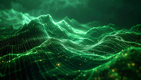 A luminous digital landscape pulses with green energy, its wireframe mountains and valleys representing a vast network of flowing data. This abstract terrain visualizes the complex connections of future technology, cyberspace, and the flow of global information.の素材