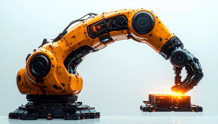 In a sterile, high-tech facility, an advanced robotic arm performs a delicate task with unparalleled precision. A bright orange glow emanates from the point of contact, symbolizing the spark of innovation and the future of automated manufacturing and artificial intelligence.の素材