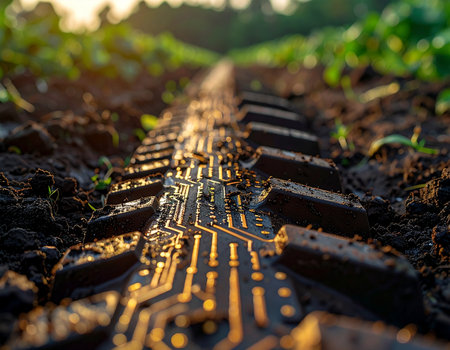 A conceptual image of a circuit board forming a path through a lush farm field at sunset. This visual metaphor represents the integration of advanced technology, data, and AI into modern agriculture, symbolizing the future of smart farming and sustainable food production.の素材