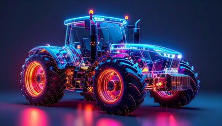 A vision of tomorrows agriculture, this advanced tractor glows with neon energy, symbolizing the integration of AI and smart technology into farming. Its holographic structure represents a new era of efficiency, precision, and innovation in food production.の素材
