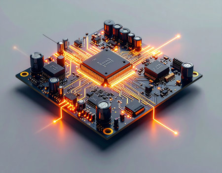 The glowing heart of a futuristic circuit board, where a powerful CPU processes vast amounts of data. This image visualizes the speed and energy of modern computing, artificial intelligence, and the flow of digital information through complex networks.の素材