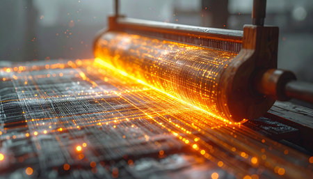 In a state-of-the-art facility, a glowing laser roller meticulously processes a complex material, symbolizing the pinnacle of industrial innovation and the future of automated manufacturing where precision and power converge.の素材