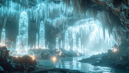 A team of intrepid explorers ventures deep into a hidden subterranean world, their lanterns casting a warm glow against the breathtaking spectacle of a cavern filled with luminous, self-illuminating ice crystals. A sense of wonder and mystery pervades the scene as they navigate the frozen river, discovering a magical, untouched landscape.の素材