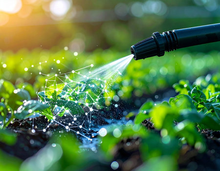 The future of farming unfolds as a smart sprayer precisely delivers nutrients to young crops, guided by a digital network of data. This concept illustrates AgriTech innovation, where technology and nature work in harmony for sustainable and efficient agriculture.の素材