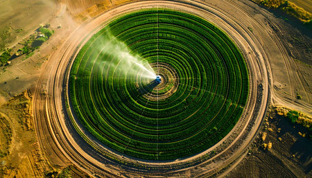 From a breathtaking top-down perspective, a center-pivot irrigation system methodically sprays life-giving water over a perfectly circular, vibrant green field. This striking image captures the intersection of technology and nature, showcasing the precision of modern agriculture.の素材