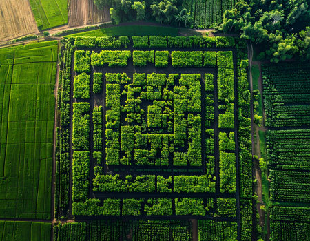 An intricate green labyrinth seen from a top-down aerial perspective, its complex geometric pattern a stark contrast to the surrounding agricultural fields. This image symbolizes challenge, problem-solving, and the journey to find a clear path.の素材