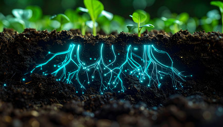 Beneath the surface of rich, dark soil where new seedlings sprout, a hidden world comes to life. A vibrant, bioluminescent root system glows with a neon blue light, forming an intricate network that symbolizes the fusion of nature and advanced technology, communication, and the flow of data in a futuristic agricultural ecosystem.の素材