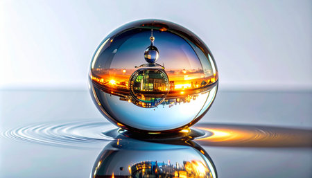 A crystal ball captures a magical, inverted view of the Berlin TV Tower against a golden sunset. The sphere rests on a reflective surface, creating a sense of balance and clarity, symbolizing a unique perspective on the future, travel, and urban life.の素材