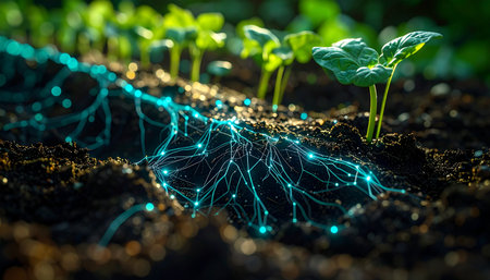 A conceptual image illustrating the future of smart agriculture, where a network of glowing digital roots represents the flow of data and AI-driven insights. This visualization symbolizes innovation in farming, biotechnology, and sustainable growth, connecting nature with advanced technology for an efficient and intelligent ecosystem.の素材