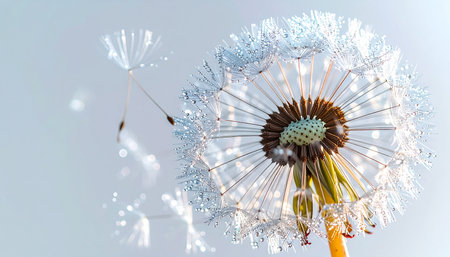 A close-up macro shot captures the delicate moment a dandelion releases its seeds into the wind. Each seed, a tiny parachute, embarks on a new journey, symbolizing hope, change, and the beauty of letting go against a soft, serene blue sky.の素材