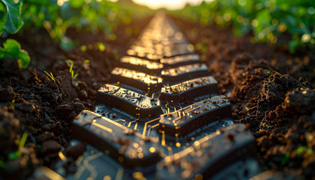As the golden light of dawn breaks, a modern drip irrigation system precisely delivers life-giving water to rows of young crops. This close-up view highlights the efficiency and sustainability of smart farming, conserving precious resources while nurturing future growth.の素材