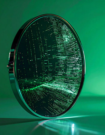 A detailed close-up of a vintage automotive headlight, its fluted glass lens catching a vibrant green light. This image captures the intersection of classic design and futuristic technology, evoking a sense of nostalgia while hinting at innovation and the power of illumination.の素材