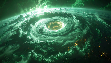 From the silent vantage of orbit, a colossal green hurricane swirls with otherworldly energy, its glowing eye a harbinger of a cataclysmic event. This apocalyptic storm engulfs the planet, a dramatic and powerful display of natures or some unknown forces immense power.の素材