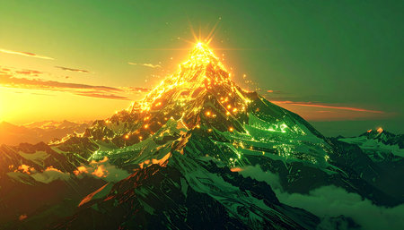 As the sun sets, a mystical mountain summit ignites with an otherworldly golden light, casting a magical green glow across the sky. This epic landscape evokes a sense of discovery, power, and the beginning of a grand adventure in a fantasy realm.の素材