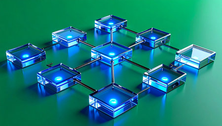 A network of glowing blue nodes represents the seamless flow of data through a decentralized system. Each interconnected block symbolizes a secure transaction or piece of information, forming a robust and futuristic digital infrastructure. This visual metaphor captures the essence of blockchain technology, innovation, and global connectivity.の素材