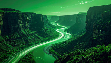 A surreal, glowing green river carves a serpentine path through the immense darkness of a majestic canyon. This otherworldly landscape evokes a sense of mystery, exploration, and the powerful, unseen forces of nature.の素材