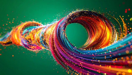 A vibrant vortex of luminous fibers twists through space, representing the dynamic flow of information and creative energy. This abstract visualization captures the essence of digital communication, innovation, and the complex, interconnected nature of modern technology.の素材