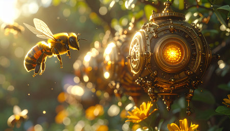 In a hidden, sun-drenched garden, a curious honeybee is drawn towards the warm, enchanting glow of a mysterious, ornate lantern. This magical scene evokes a sense of wonder, discovery, and the harmonious blend of nature with fantastical technology.の素材