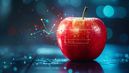 A crisp red apple sits on a reflective surface, glowing with an inner light of digital information. Intricate circuits and data points emerge from its skin, symbolizing the intersection of nature and technology. This conceptual image represents the future of food science, smart agriculture, and data-driven health and nutrition.の素材
