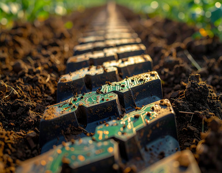 In a surreal landscape where nature and technology merge, rows of circuit boards are planted in rich soil, sprouting like a new kind of crop. This conceptual image represents the growth of innovation, the dawn of a digital agricultural revolution, and the deep-rooted connection between the earth and our technological future.の素材