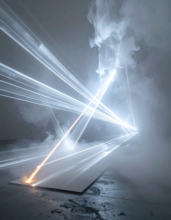 Beams of pure energy slice through a dense, smoky haze, forming a luminous geometric portal. An orange glow marks a point of intense power, creating a scene of futuristic mystery and advanced technological display.の素材