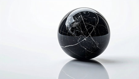 A polished black sphere, possibly tourmaline or obsidian, rests on a reflective white surface. Its smooth, dark exterior is interrupted by a network of intricate white cracks, suggesting a story of pressure, history, and imperfect beauty.の素材