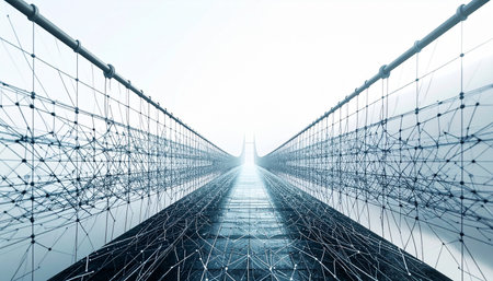 A perspective view down an intricate digital corridor, where countless nodes and connections form a complex network. This abstract structure represents the path of data and innovation, leading towards a bright, limitless future of technological possibility and global connectivity.の素材