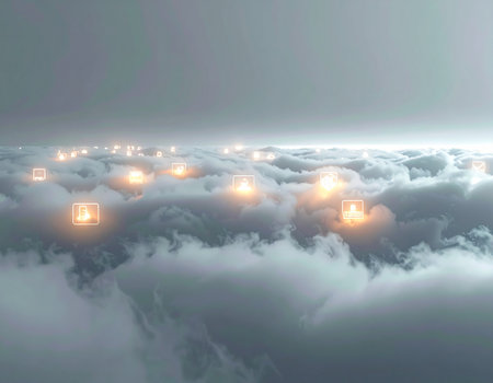 From a high vantage point, a vast sea of clouds stretches to the horizon. Nestled within the soft, billowing landscape, mysterious warm lights glow with a serene energy, suggesting a hidden world of magic, innovation, or undiscovered potential waiting just beneath the surface.の素材