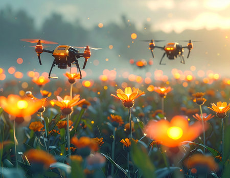 In a near-future landscape, autonomous drones, acting as robotic bees, hover over a field of bioluminescent flowers at dusk. This scene represents the perfect synergy between technology and nature, showcasing innovative solutions for environmental sustainability and advanced agriculture.の素材