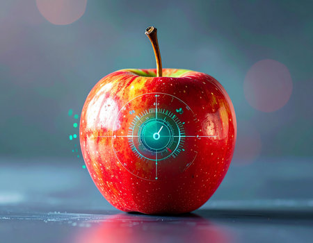 In a lab of the future, advanced AI performs a detailed scan on a fresh apple, analyzing its nutritional content, ripeness, and genetic purity. This represents the pinnacle of food technology, ensuring perfect quality and safety from the farm to the table through precision agriculture and data-driven insights.の素材