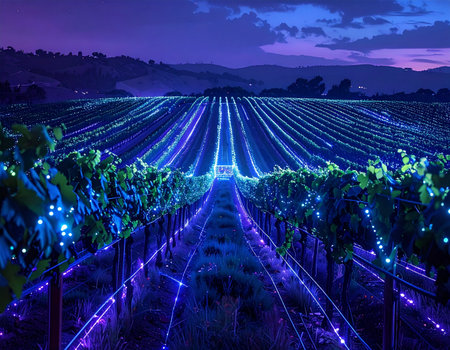 As twilight settles over the rolling hills, a vineyard transforms into an enchanted landscape. Rows of grapevines are illuminated by strings of luminous blue and purple lights, creating a surreal, futuristic scene where agriculture meets artistry. This magical display suggests innovation in farming or a spectacular nighttime festival, casting a serene and wondrous glow on the countryside.の素材