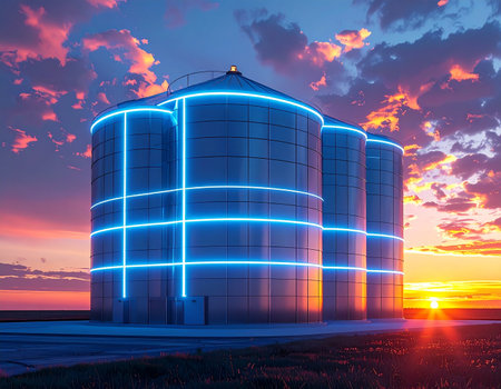 As the sun sets in a blaze of color, futuristic grain silos illuminate the landscape with glowing blue data streams. This represents the digital transformation of agriculture, where smart technology and data management optimize crop storage and farming efficiency for a sustainable future.の素材