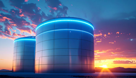 As the sun sets in a blaze of color, futuristic energy storage facilities power up for the night. Glowing blue rings signify the clean, sustainable power being held in reserve, a beacon of innovation for a new era of green technology and industry.の素材