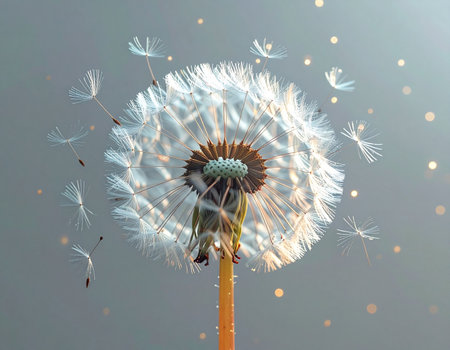 A delicate dandelion seed head releases its feathery parachutes into the gentle breeze. Each seed carries a wish, a promise of new beginnings, floating away on a journey of hope and transformation against a soft, serene background.の素材