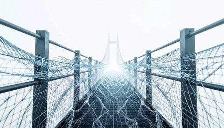 A view from a futuristic bridge where a glowing digital network represents the flow of data and information. Leading lines guide the eye towards a bright light, symbolizing progress, innovation, and the future of technology and global connection.の素材