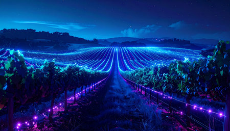 At twilight, a futuristic vineyard comes to life as rows of crops are bathed in an ethereal purple and blue glow. This mesmerizing landscape represents the intersection of nature and technology, suggesting concepts of smart agriculture, innovation, and a sustainable future.の素材