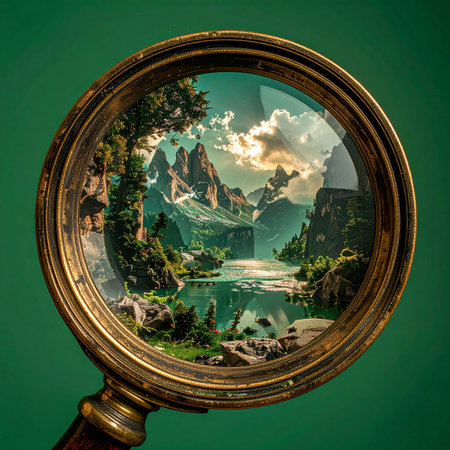 A vintage magnifying glass held against a green background reveals a breathtaking, hidden world. Through its lens, a majestic mountain landscape with a serene river comes into sharp focus, symbolizing discovery, environmental exploration, and a closer look at the beauty of nature.の素材